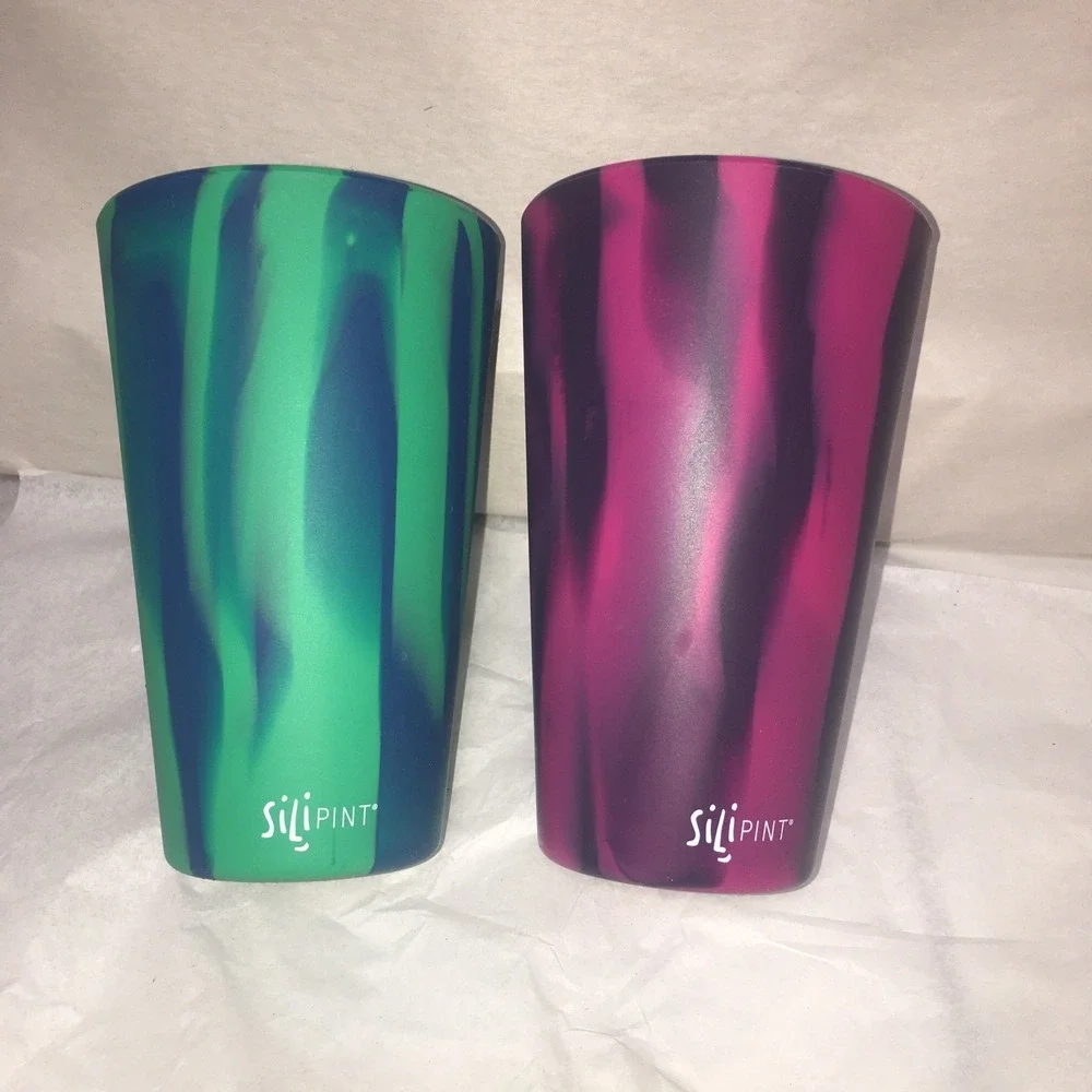 Silipint Silicone Cups Set 16oz 2 Tye dye,2 Solid Blue Green Pk  Purple,4 Cups